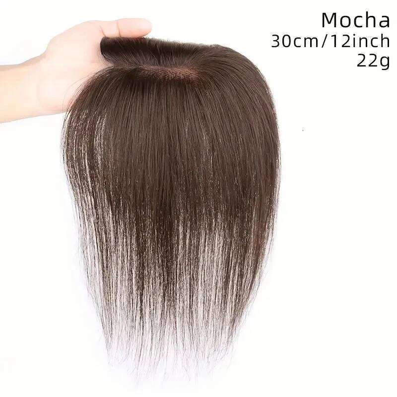 Women's Human Topper Piece Hand-Tied No-Sew Hairpiece Voluminous Bangs Natural Look Straight Black Hair for Bald Spots