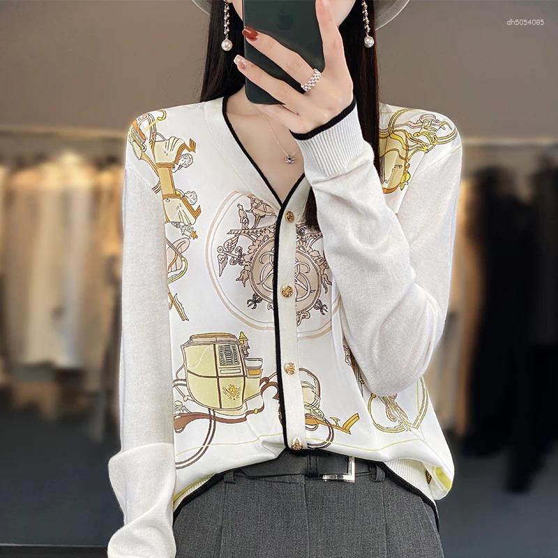 Women's Blouses Spring And Autumn Woven Wool Cardigan V-neck Color Matching Sweater Thin Loose Silk Printed Long Sleeve Knitted Jack