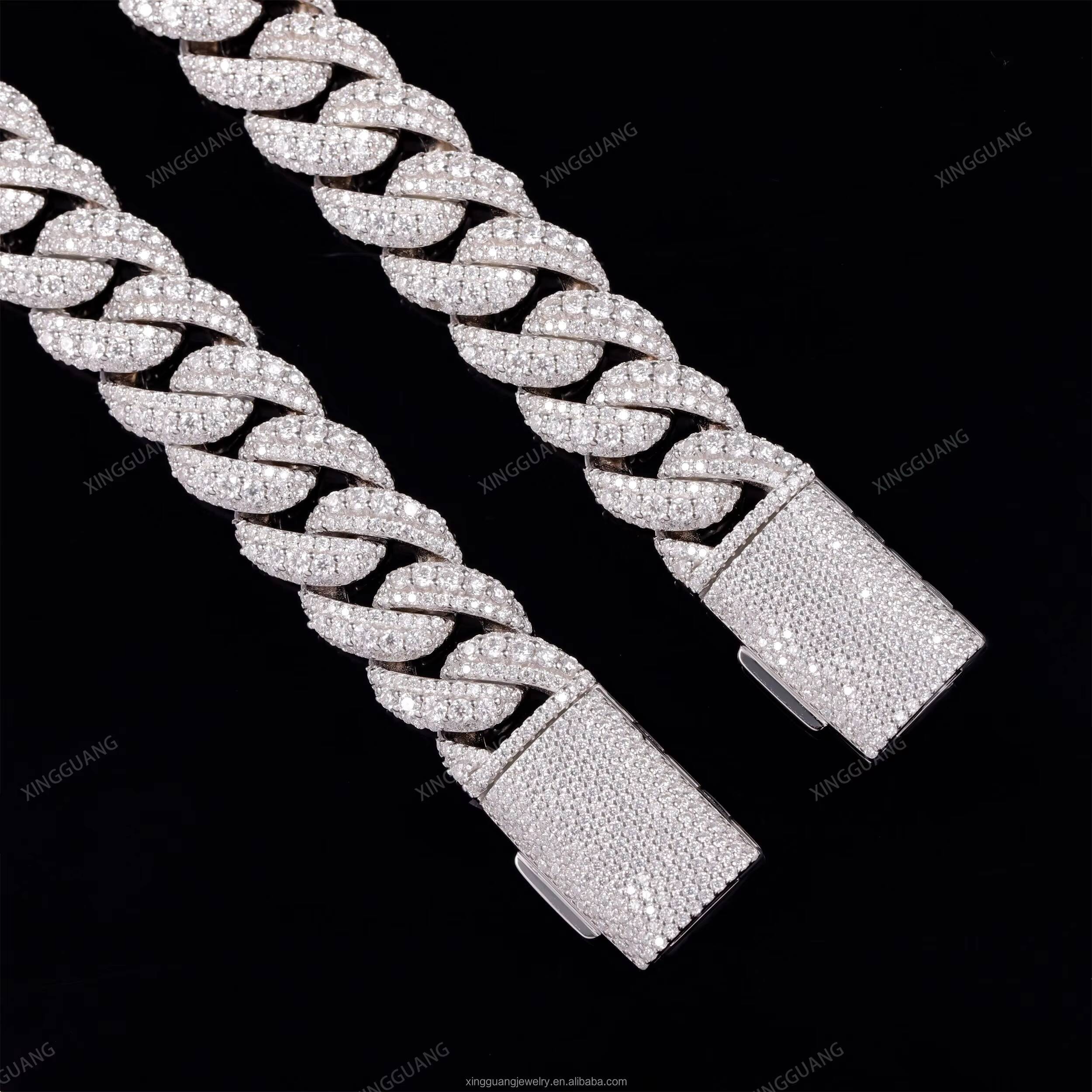 Handmade Jewelry 14mm 18mm 3row Hip Hop Necklace Cuban Chain 925 Sterling Silver with Round Brilliant Cut Moissanite Cuban Chain