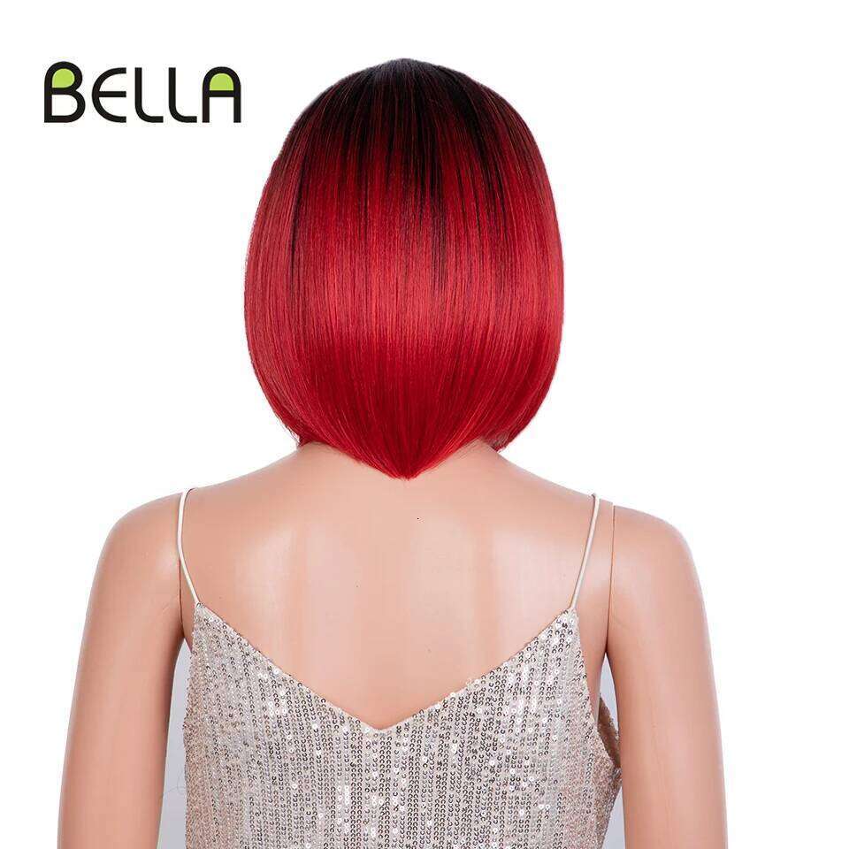 Bella Synthetic Lcae Front Short Bob Cosplay Wig Ombre Red Color Heat Human Hair Resistant For Black Women