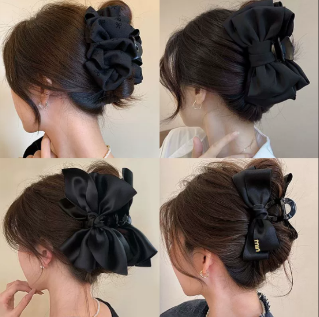 High-end black bubble bow hair clip large size plenty of hair back head updo shark clip hair accessory
