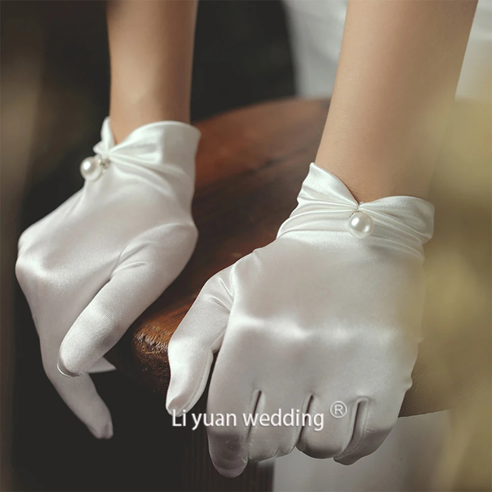 bride wedding dress gloves short chiffon pearl white gloves light dreamy lace wedding gloves 250722