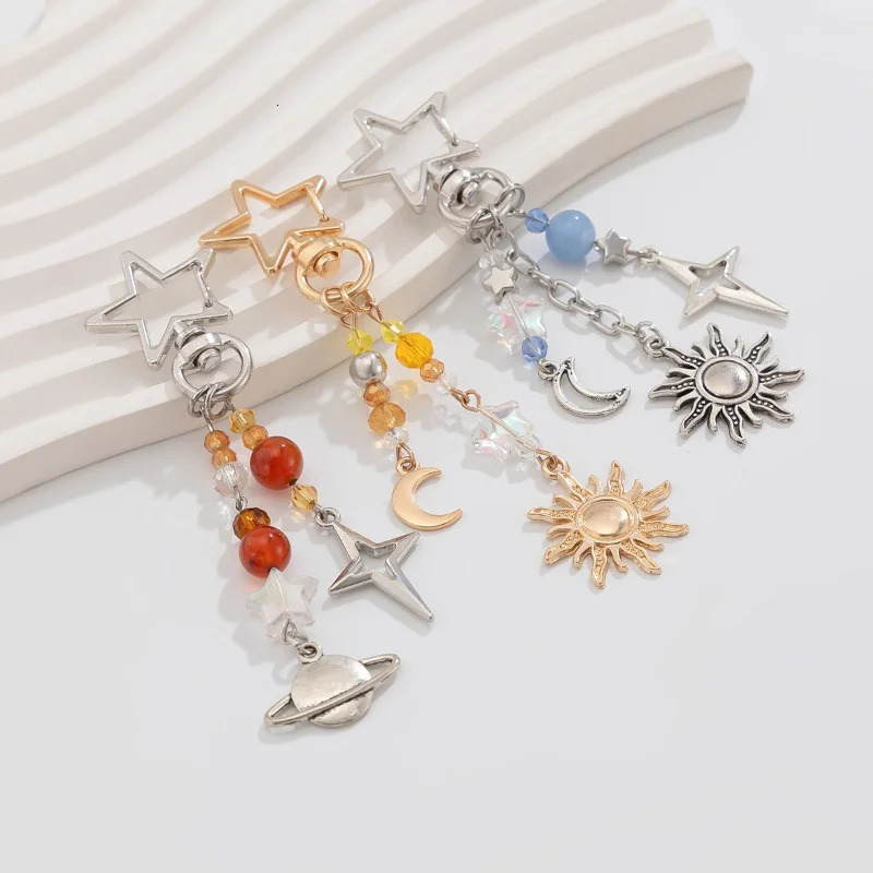 3Pcs/set Punk Stars Moon Sun Pendant Bag Keychain for Women Men Boho Colorful Beads Key Ring Bag Chain Y2K Jewelry Gift 250722