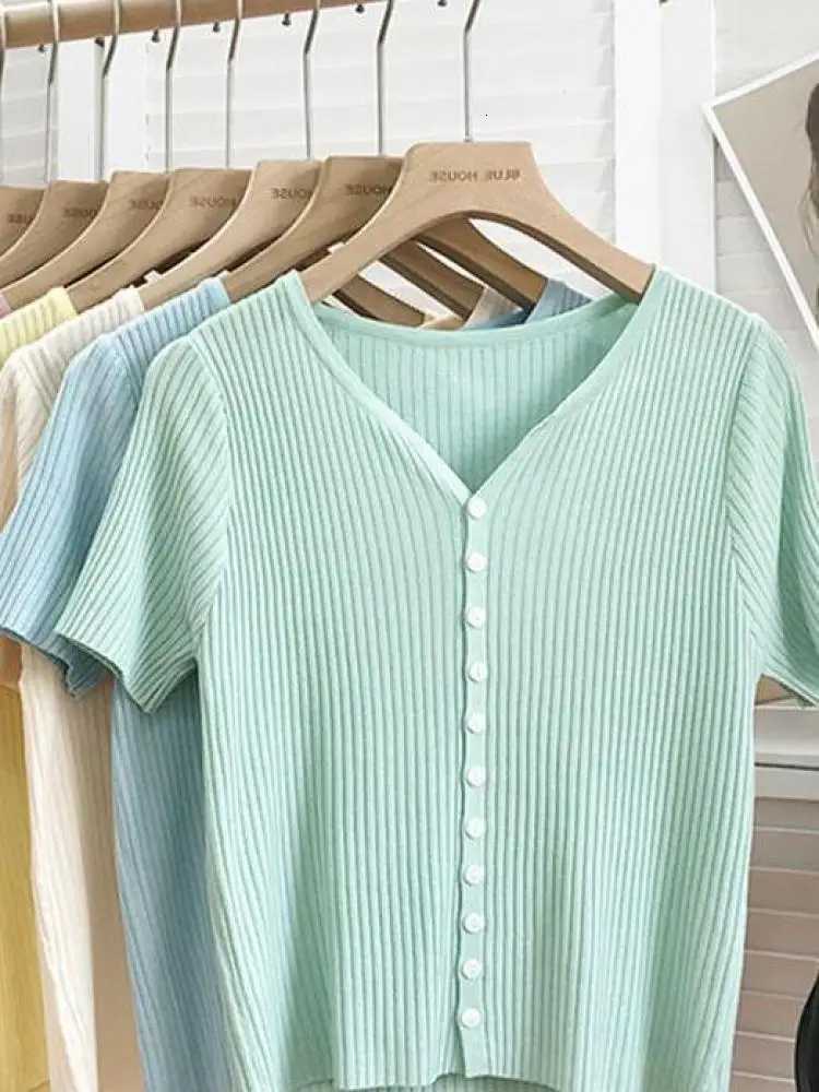 Thin Cardigan for Women Summer Cropped Cardigan Button V Neck Short Sleeve Knitted Top Slim Sweater Tops Womens Knitwear 2024 X250724
