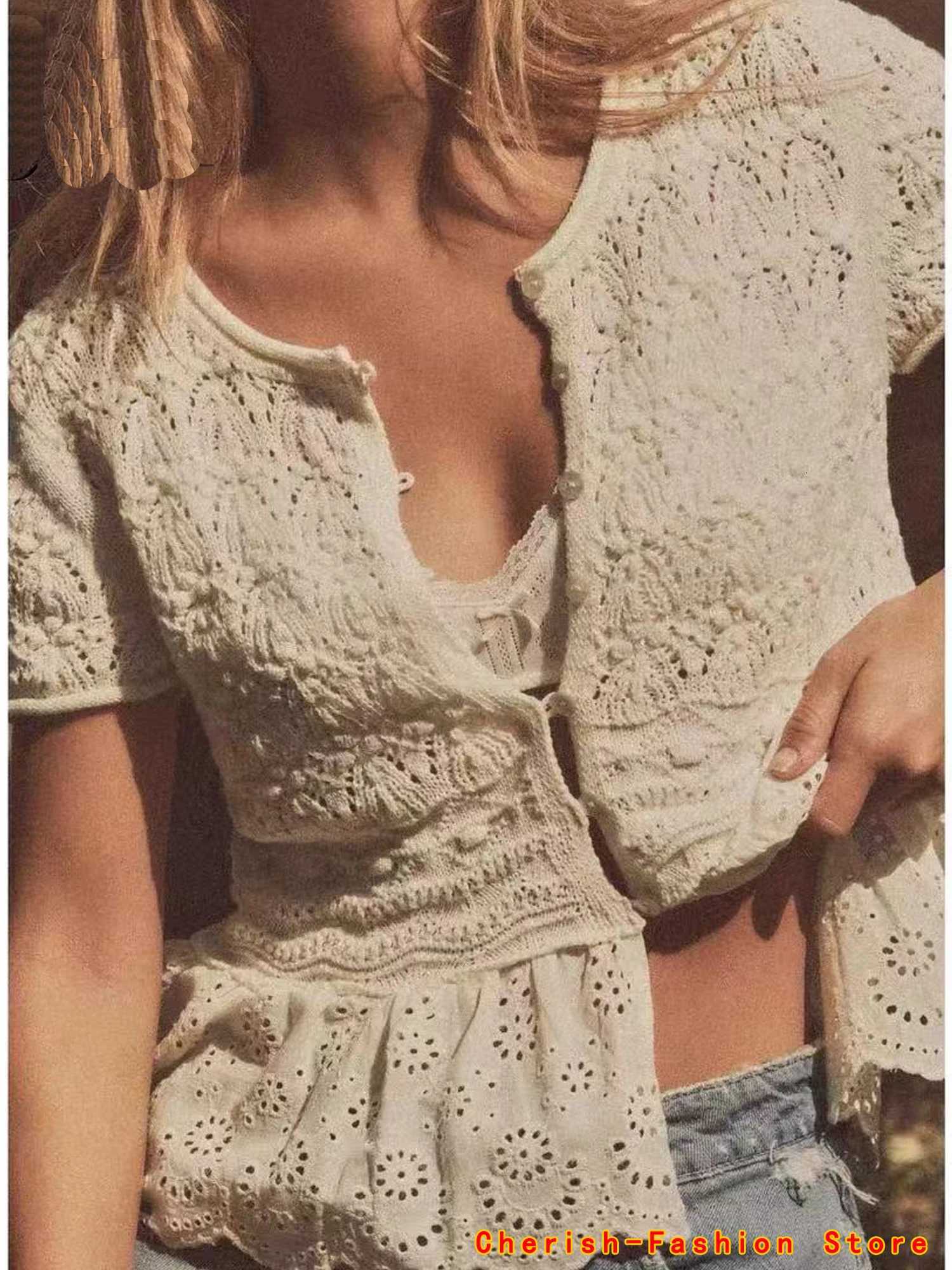 2025 Summer New Products Womens Clothing SplicedKnitted Romantic Style Round Neck Short Sleeve Top Knit Cardigan Embroidery X250724