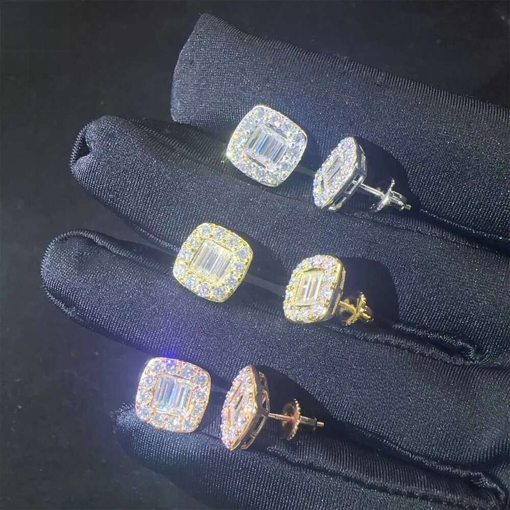 New Arrivals Bulk Stock Iced Out Man Earrings Baguette Moissanite Dia Screw Back Setting Hip Hop Stud Earring