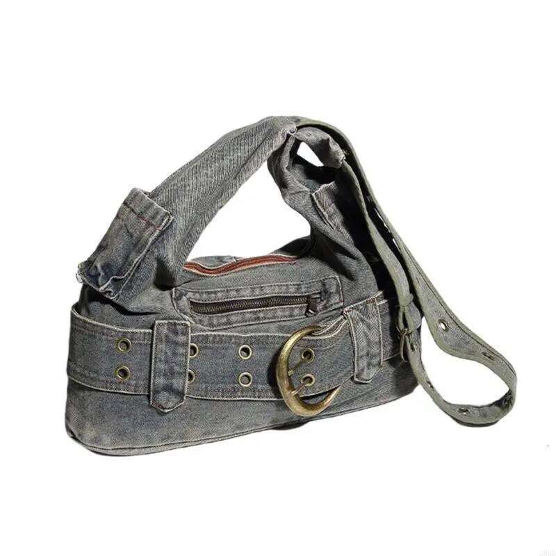 28GD Vintage Punk Denims Handbag with Adjustable Strap for Women Jeans Shoulder Bag