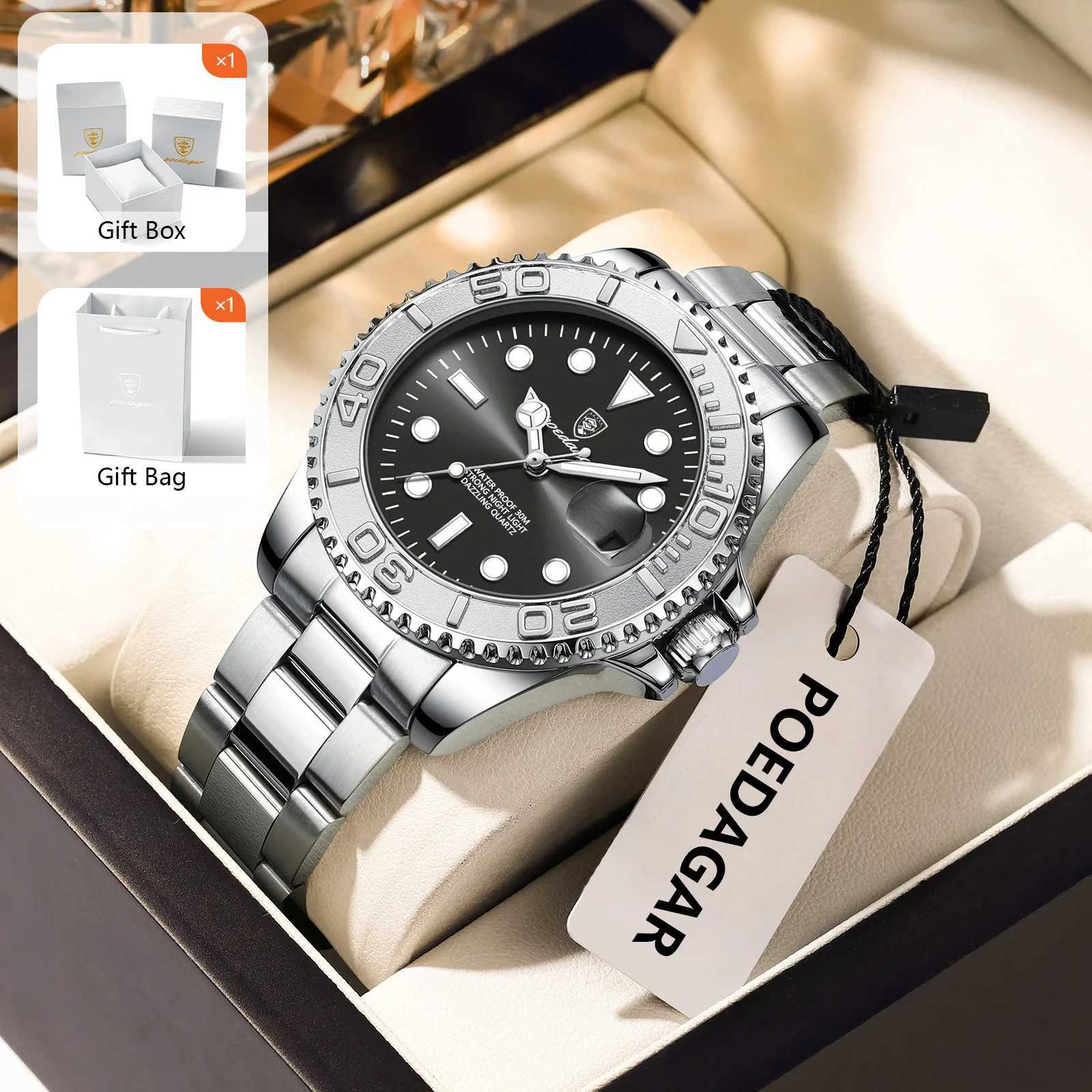 POEDAGAR Classic Trendy Mens Wristwatch Waterproof Luminous Date Mens Watch Stainless Steel Luxury Mens Quartz Watches + Gift Box W250724