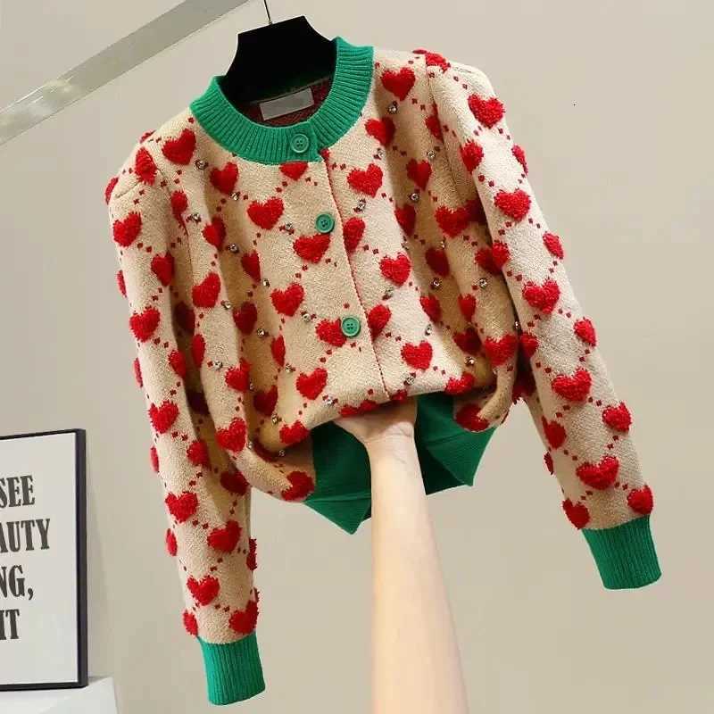 Heart Plaid Viscose Wool Thick O-Neck Vintage Knitted Womens Cardigans Sweater Fashion Single Breasted Short Cardigan For Women X250724