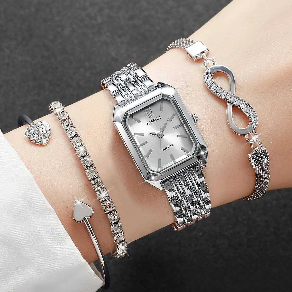 4PCS Fashion Rectangle Women Watches Luxury Stainless Steel Band Ladies Quartz Watch Rhinestone Bracelets Set Womens Watch W250724
