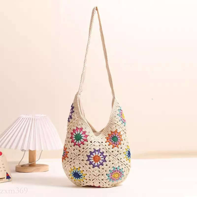 New Summer Artistic Woven Handmade Cotton Thread Vacation Beach Shoulder Tote Women's Straw Bag