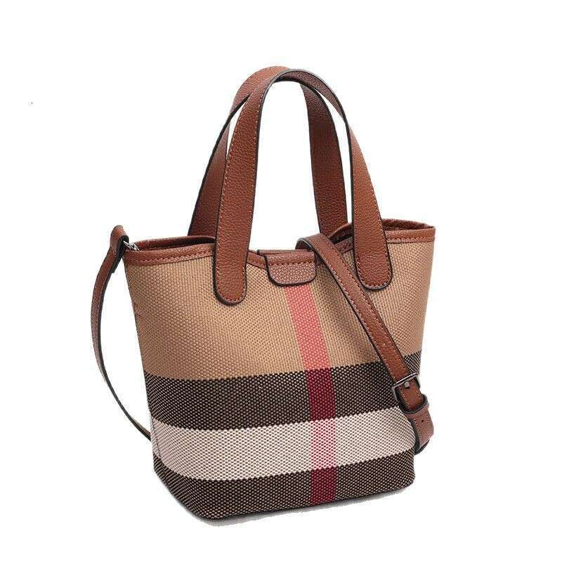 Women's Genuine Leather Canvas Plaid Color-Block Tote Basket New Fashion Single Shoulder Crossbody Bucket Bag