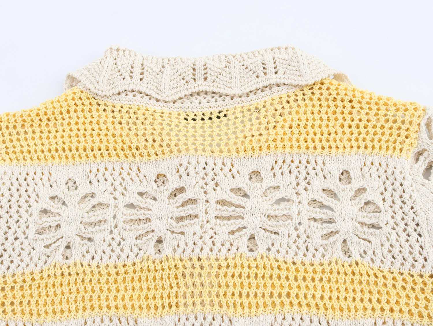 MYST ZA2025 new summer womens casual fashion simple striped jacquard mesh hollow lapel short-sleeve knitted cropped top X250724