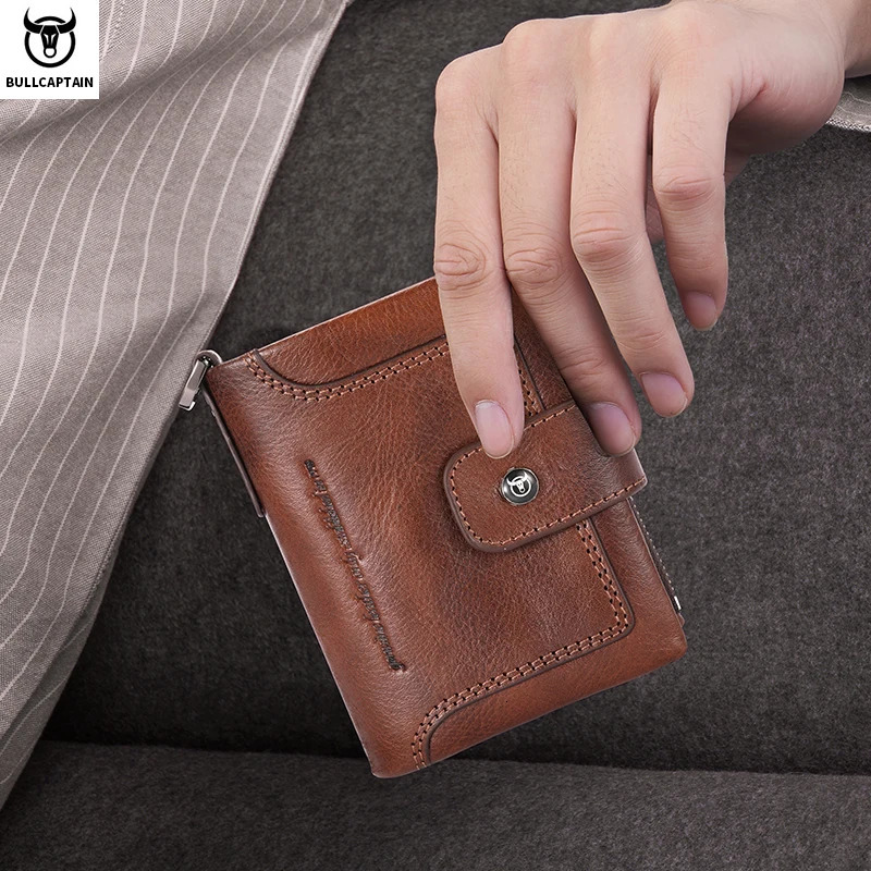 BULLCAPTAIN Mens Genuine Leather Wallet Business Retro Snap Wallet Multifunctional RFID Anti-Theft Zipper Multi-Card Coin Purse 250723