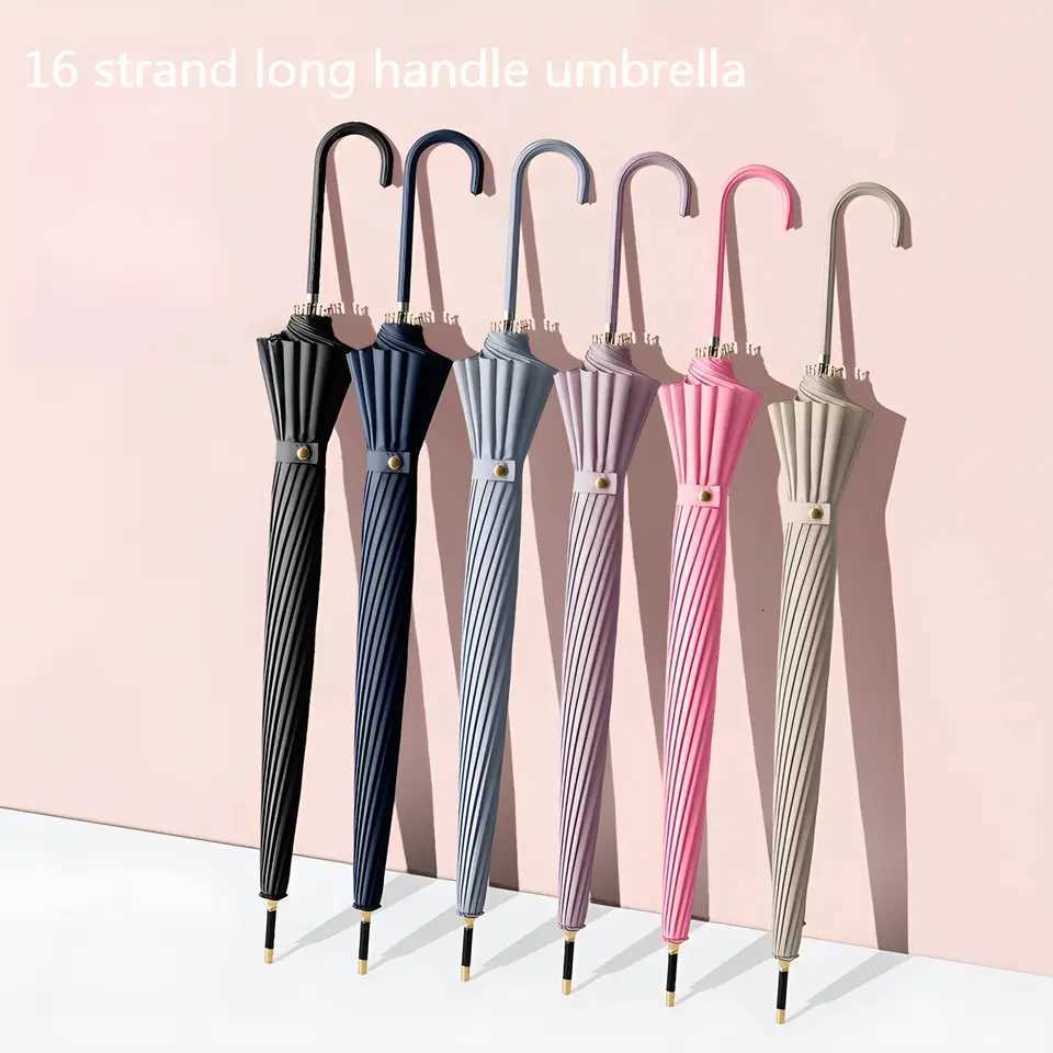 Japanese Long Handled Umbrella Ins for Both Sunny and Rainy Use Black Glue Large Size Storm Resistant 16 Spokes Automatic Waterproof R250724