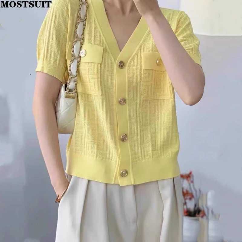 Stylish V-neck Sweater Cardigan Women Summer Jacquard Knit Single-breasted Short Sleeve Tops Knitwear Elegant Fashion Chic Jumpsuit X250724