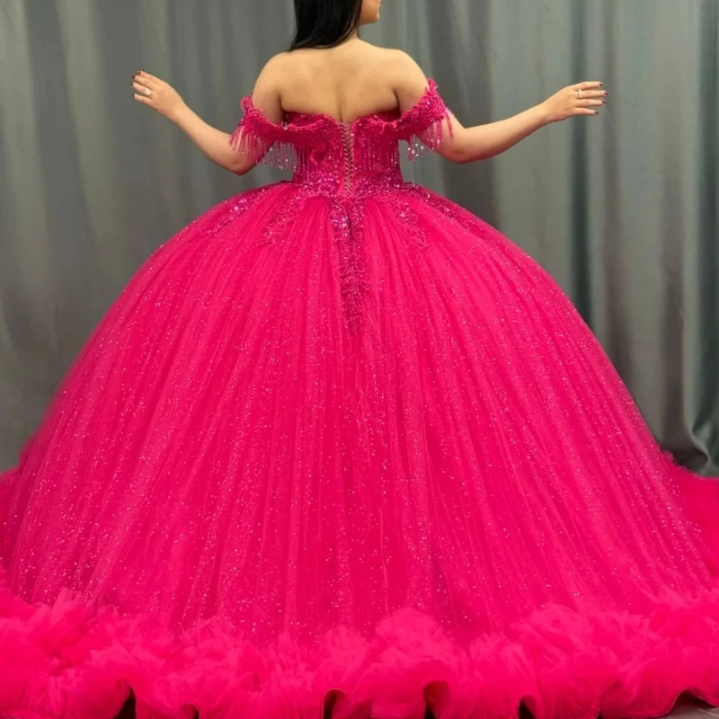 Rose Red Shiny Quinceanera Dresses Off Shoulder Ball Gown Sweet 16 Dress Applique Beading Tiered Tull Birthday Party Vestidos De 15 Anos