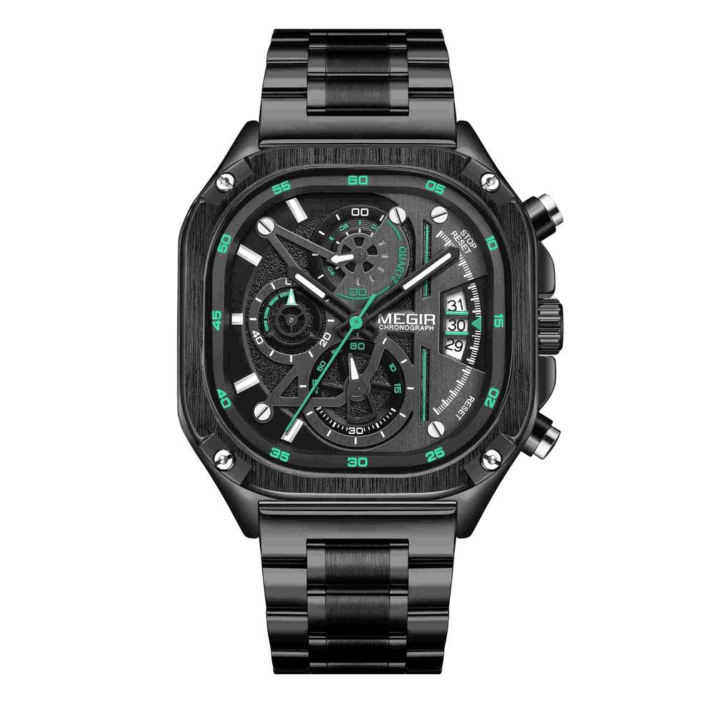 DHwatches MEGIR Men's Square Watch - Digital-Analog Display, Luminous, 30M Waterproof, Stainless Steel, Multifunction Wristwatch