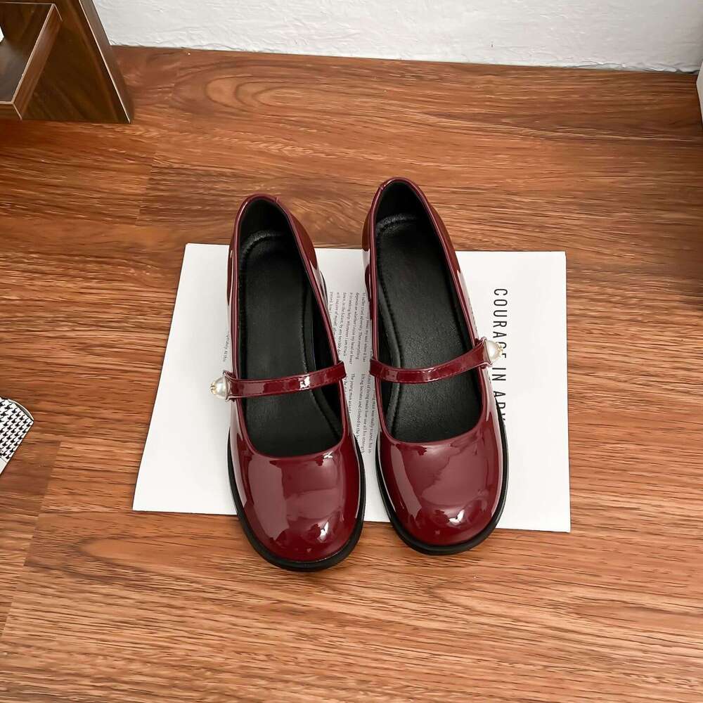 2025 New French Style Mary Jane Shoes with Pearl One-Strap Shallow Mouth Chunky Heel Red High Heels for Women