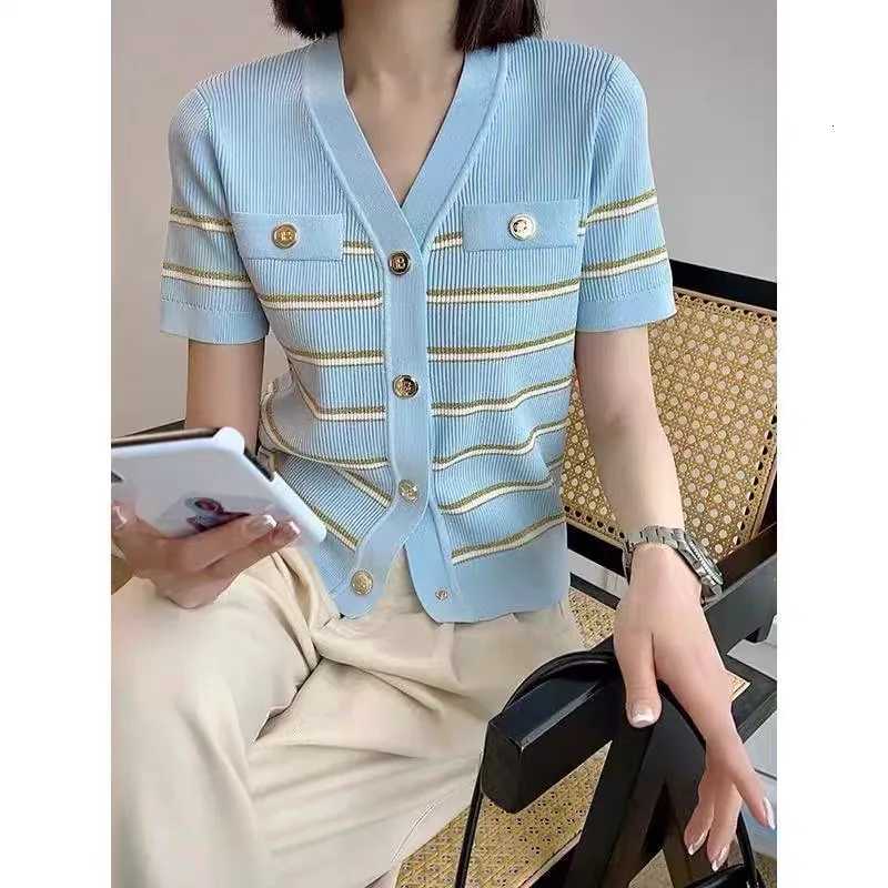 Summer V-neck Knit Sweater Cardigan Women Striped Single-breasted Short Sleeve Knitwear Tops Vintage Elegant Chic Ladies Jumpers X250724