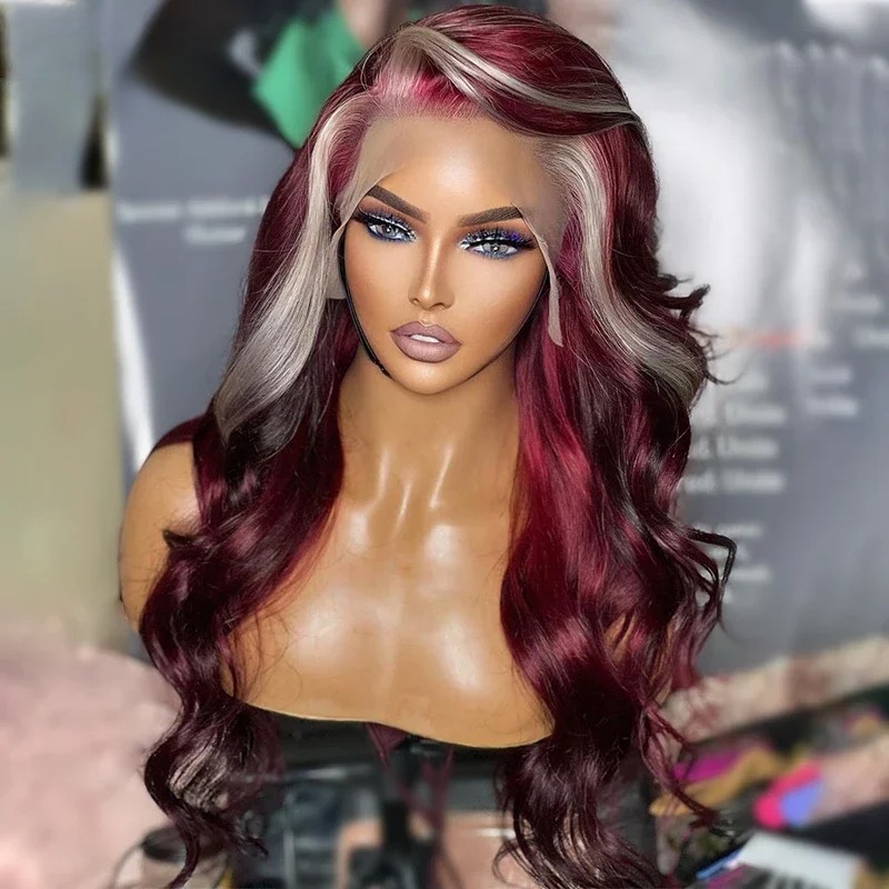 Blonde with Burgundy Body Wave Human Hair Wigs Transparent 13x4 Lace Frontal Wig Highlight Closure Wig Pre Plucked Synthetic Wig