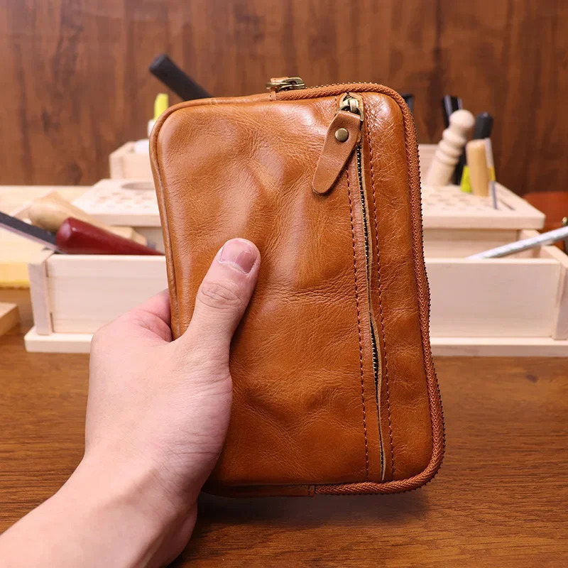 Vegetable Tanned Leather Zipper Purse Cowhide Zero Wallet Large Capacity Card Bag Cow Leather Key Storage bag Clutch Bags Wallet 250723