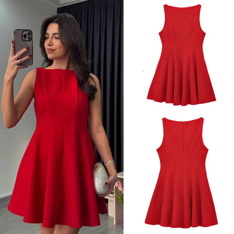 Hot-Selling Women's Waist-Cinching Boat Neck Sleeveless Wide Hem Mini Dress B5
