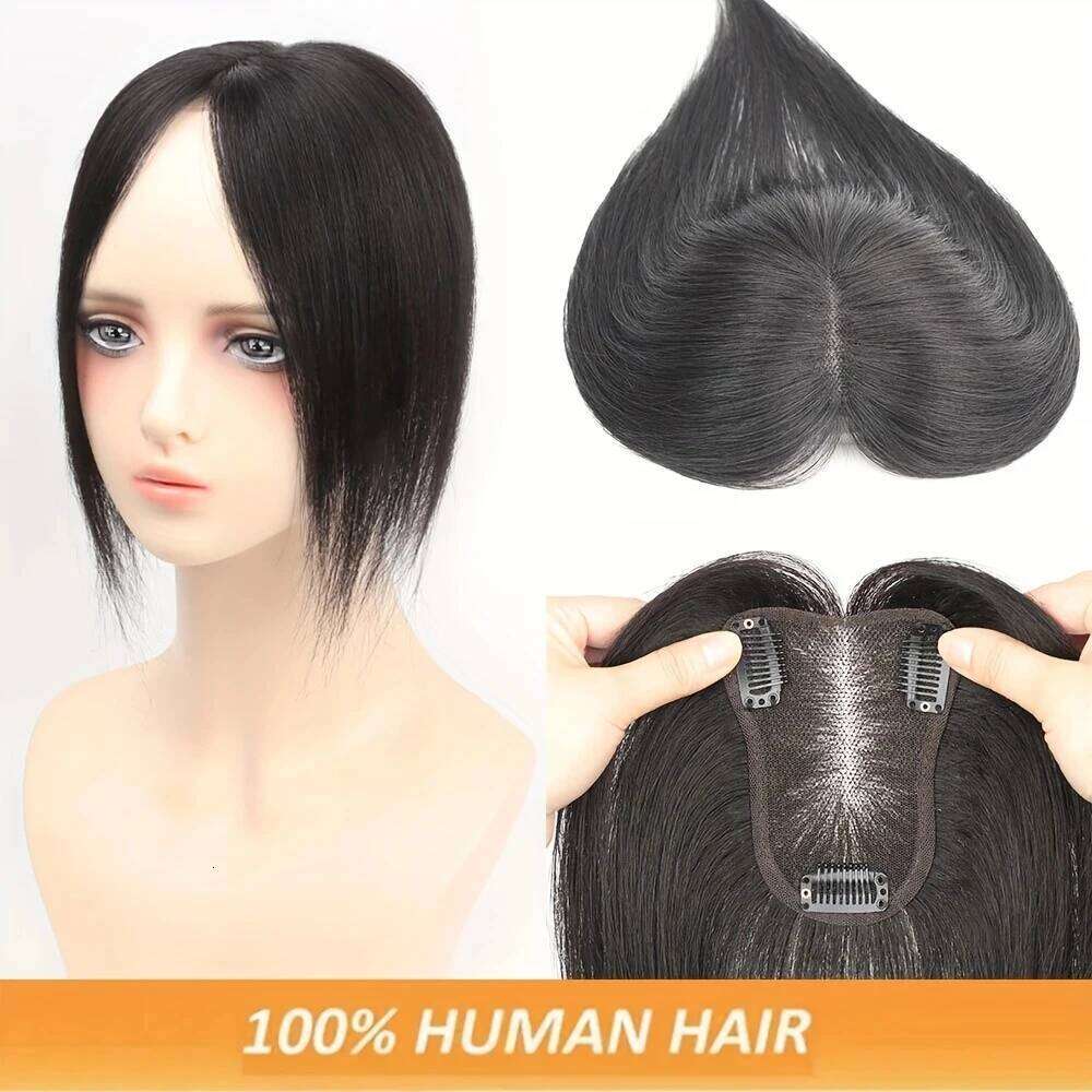 Human Top Piece Women Natural Black Bob with Bangs Full Coverage Invisible Seam Perfect for Restoration Hair