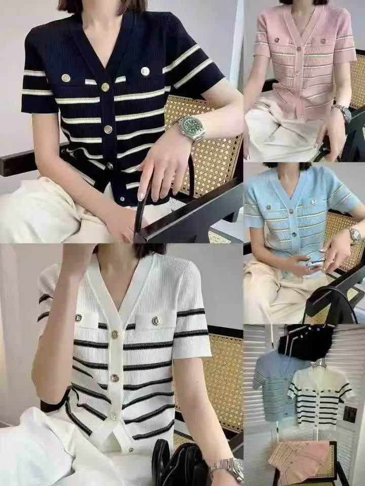 Summer V-neck Knit Sweater Cardigan Women Striped Single-breasted Short Sleeve Knitwear Tops Vintage Elegant Chic Ladies Jumpers X250724