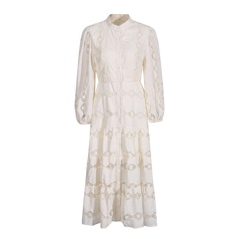 White Skirt Maxi Skirt French Court Style Long Summer New Fashion Stand Collar Lantern Sleeve Embroidered Printed Hollow Out Dress For Women Long Skir