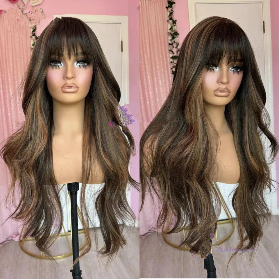 Brown wig with Blonde Balayage Highlight Human Hair Wigs Glueless Wigs Body Wave With Bangs Wigs