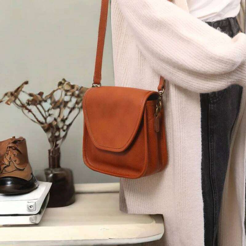 Handmade Top Layer Cowhide Vegetable Tanned Leather Crossbody Shoulder Bag, Artistic Retro French Japanese Vintage Saddle Bag