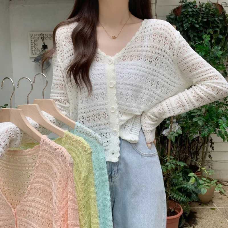 V-neck long-sleeve cardigan jacket sun protection cardigan outerwear thin jacket womens summer hollow knit jacket X250724