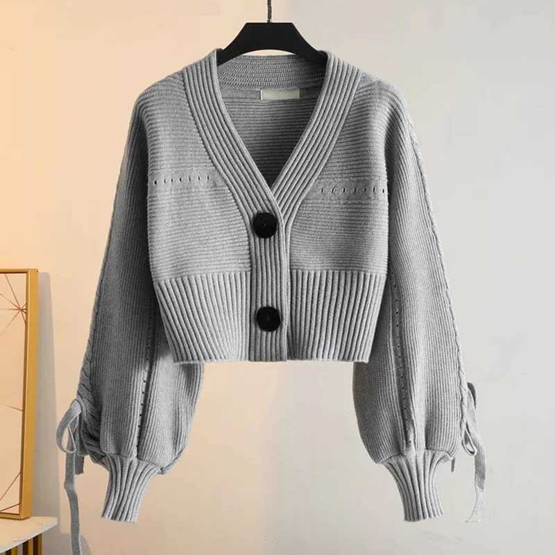 Fashion Drawstring Long Sleeve Knit Cardigans Women Autumn V Neck Cropped Sweater Cardigan Woman Korean Solid Wild Cardigan Lady X250724