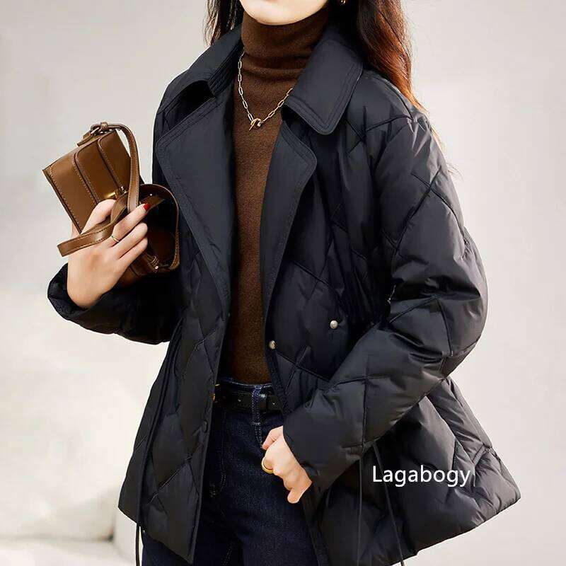 Lagabogy 2025 Autumn Women White Duck Down Double Breasted Jacket Winter Adjustable Waist Outwear Turn-Down Collar Puffer Coat 250725