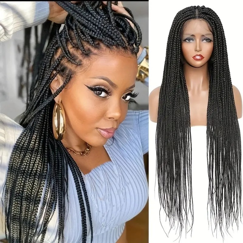 Handmade Africa Braided Style Wig Look Like Really Human Hair Long Curly Wig 360 Full Lace Braiding Wig Box Braid Braided Lace Front Wig Bohemian Boho