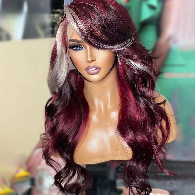 Blonde with Burgundy Body Wave Human Hair Wigs Transparent 13x4 Lace Frontal Wig Highlight Closure Wig Pre Plucked Synthetic Wig