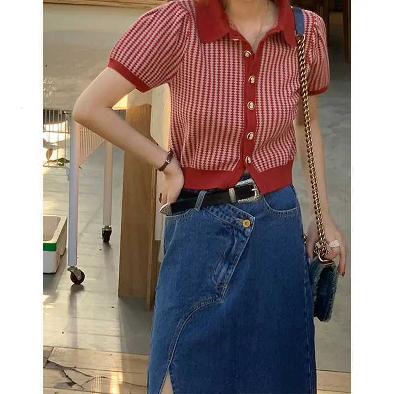 French Style Vintage Puff Sleeve Women Thin Knitted Short Sleeve Cardigan Summer New Fashion Striped Turn-down Collar Slim Tops X250724