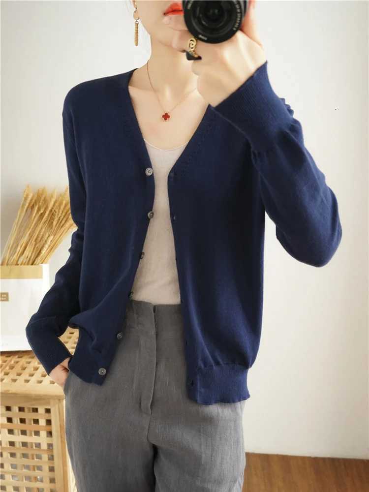100% Cotton Long Sleeve V-Neck Knitted Cardigan Women Loose Short Solid Color Simple Sun Protection SMY K61 X250724
