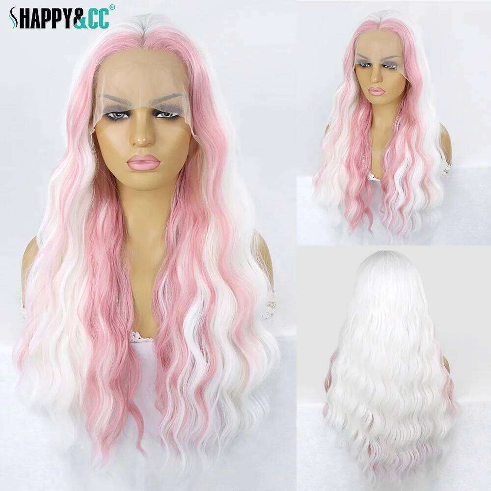 White Pink Synthetic Front Wigs Water Wave Colored Cosplay for Women Highlight Curly Heat Resistant Lace Frontal Wig