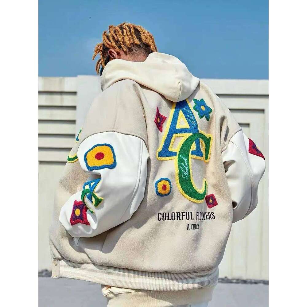 Women's Wear American Flower Embroidered Flocking Streetwear Trend Coat 2022 New Winter Men Moto Masculin Bomber Jacket