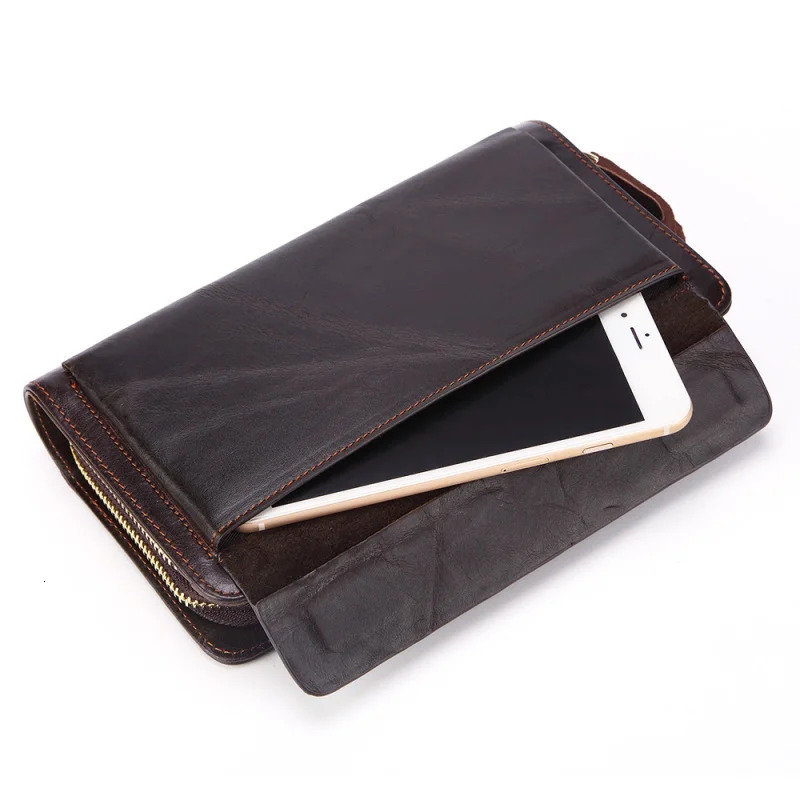 Mens Long Handbag Business Vintage Cow Leather Man Wallet Long Wallet For Man Oil Wax Double Zipper Bag Male Purse 250723