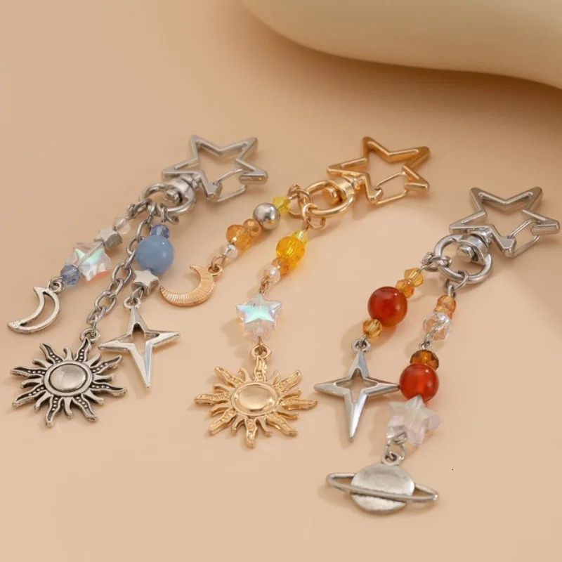 3Pcs/set Punk Stars Moon Sun Pendant Bag Keychain for Women Men Boho Colorful Beads Key Ring Bag Chain Y2K Jewelry Gift 250722