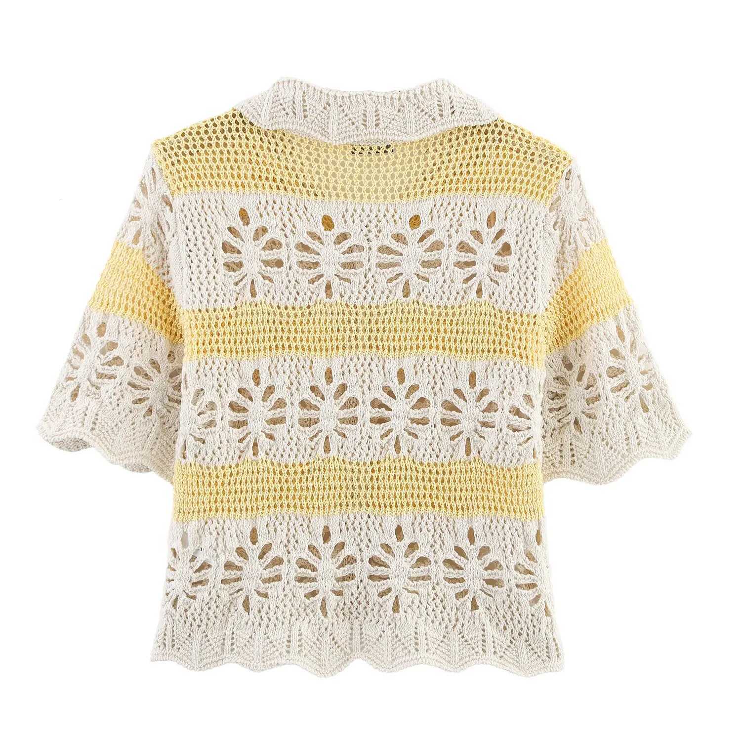 MYST ZA2025 new summer womens casual fashion simple striped jacquard mesh hollow lapel short-sleeve knitted cropped top X250724