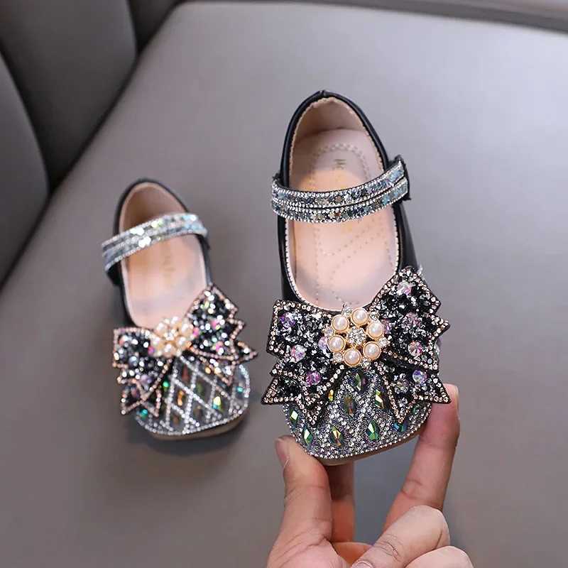 Spring Autumn Girl Princess Shoes Rhinestone Bowtie Kids Leather Shoes Fashion Casual Sequins Children Casual Wedding Flat Shoes XJ250724