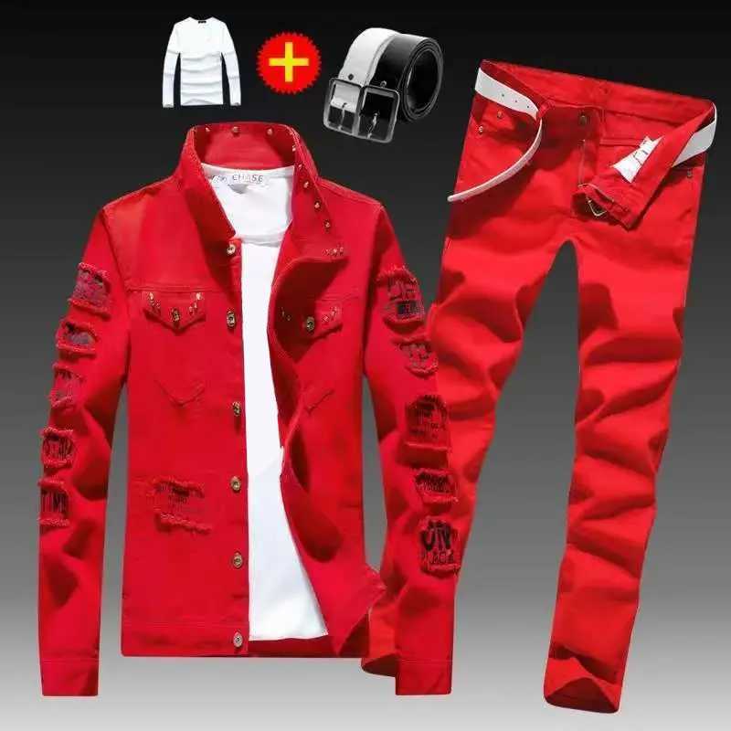 Spring Autumn Mens Denim Jacket + Jeans Pants Set Fashion Single Breasted Coat Trousers Two Piece Denim suit X250228