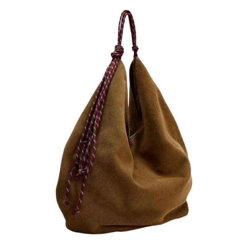 Split Leather Shoulder With Cord Strap High Quality Dark Tan Faux Suede Bucket Women Large Capacity Casual Crossbody Bag