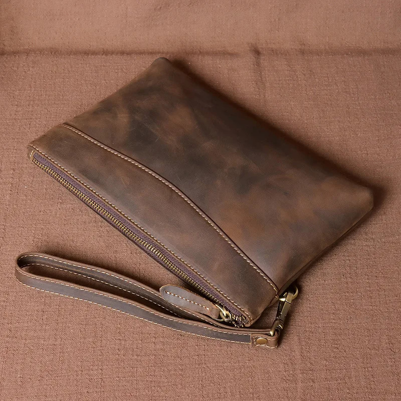 Vintage Crazy Horse Leather Mens Clutch with Large Capacity 250723