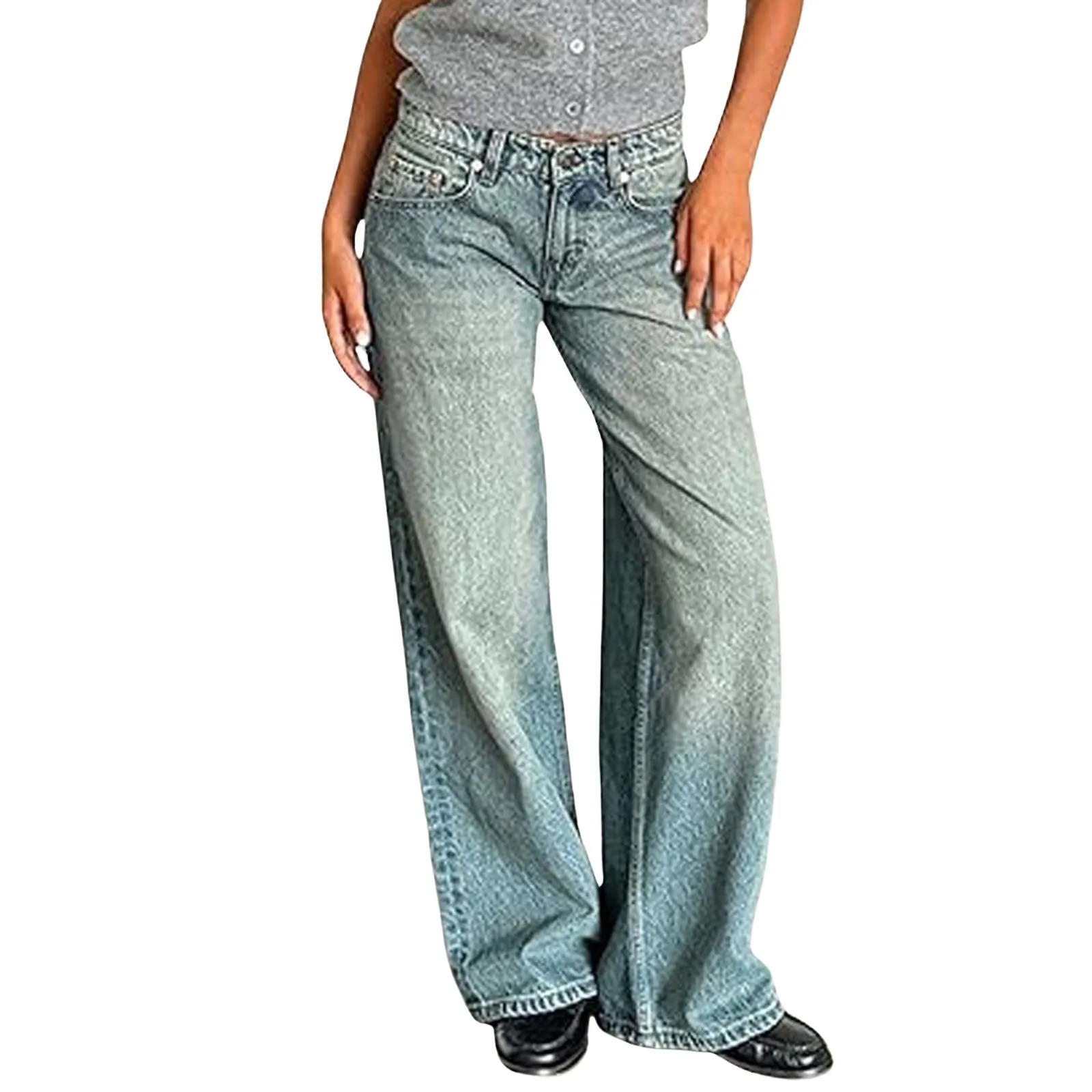 Retro Washed JeanS n Sense Mid Waisted StraightLeg Pants Loose WideLeg Mopping Jeans For Woman Jean 250717