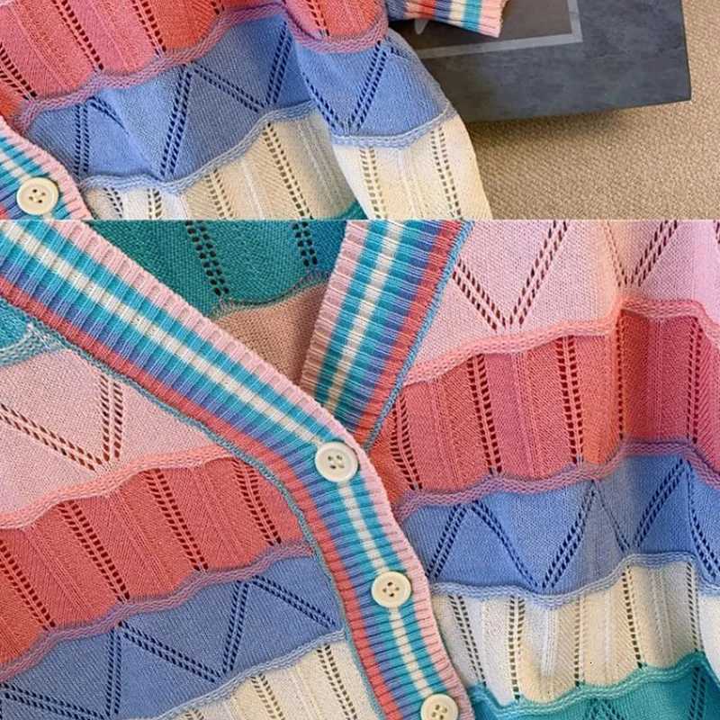 2025 New Vintage Striped Multicolor Short Sleeve Cardigan Summer Hollow Out Knitting Temperament Trend Sexy V-neck T-shirts Tops X250724